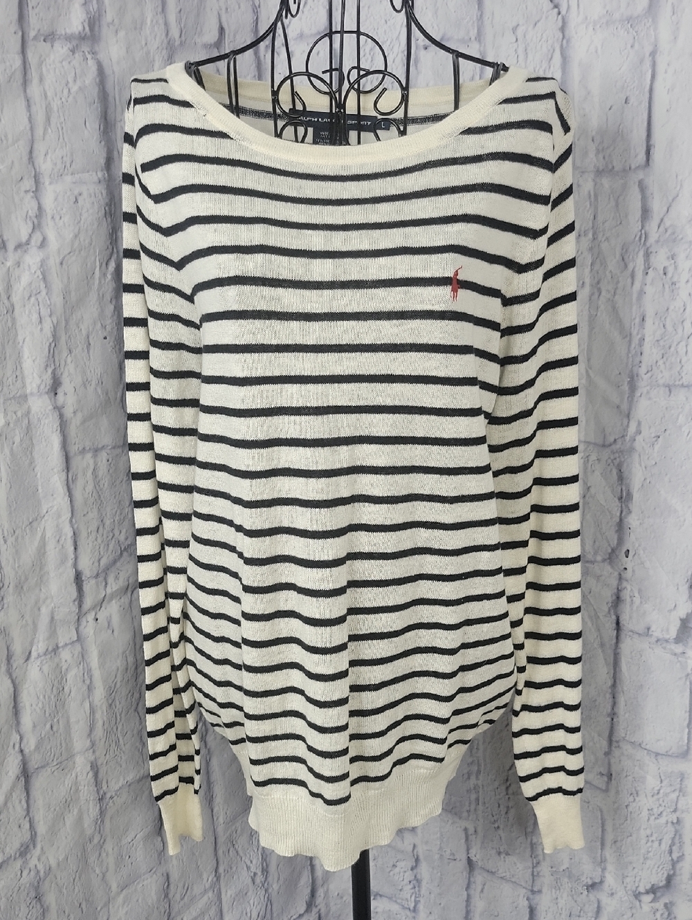 Ralph Lauren Sport Striped Sweater Large Black/Cream Cotton Pony Logo NWT Women